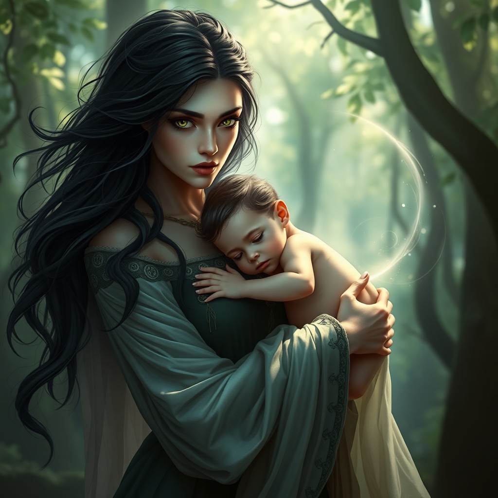 A striking portrayal of Lilith gently cradling her child in her arms, showcasing a moment of maternal affection