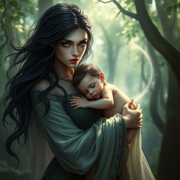 A striking portrayal of Lilith gently cradling her child in her arms, showcasing a moment of maternal affection