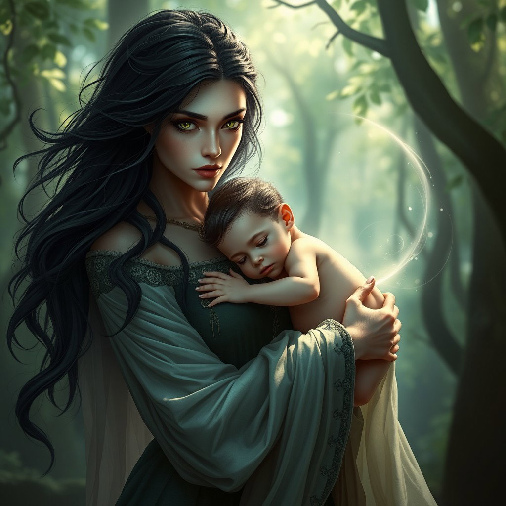 A striking portrayal of Lilith gently cradling her child in her arms, showcasing a moment of maternal affection