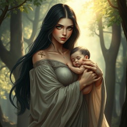 A striking portrayal of Lilith gently cradling her child in her arms, showcasing a moment of maternal affection