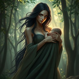 A striking portrayal of Lilith gently cradling her child in her arms, showcasing a moment of maternal affection