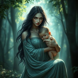 A striking portrayal of Lilith gently cradling her child in her arms, showcasing a moment of maternal affection