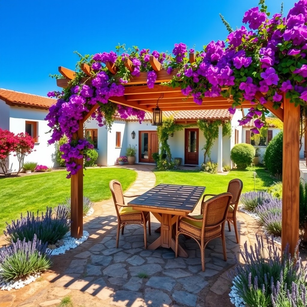 A beautiful rustic Mediterranean-style backyard in front of a charming white house with a traditional terracotta tiled roof