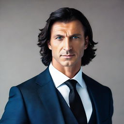 A tall and muscular Turkish man with dark blue eyes, white skin, and wavy black hair. He has a less defined jawline and is garbed in a dashing suit.