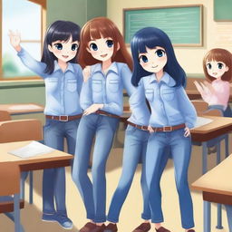 A high-quality digital art image depicts three petite girls in a classroom setting, all dressed in blue jeans