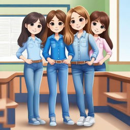 A high-quality digital art image depicts three petite girls in a classroom setting, all dressed in blue jeans