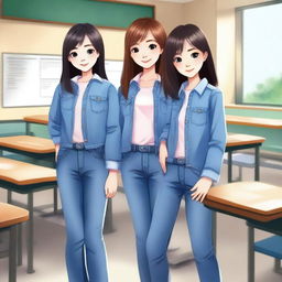 A high-quality digital art image depicts three petite girls in a classroom setting, all dressed in blue jeans