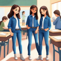 A high-quality digital art image depicts three petite girls in a classroom setting, all dressed in blue jeans