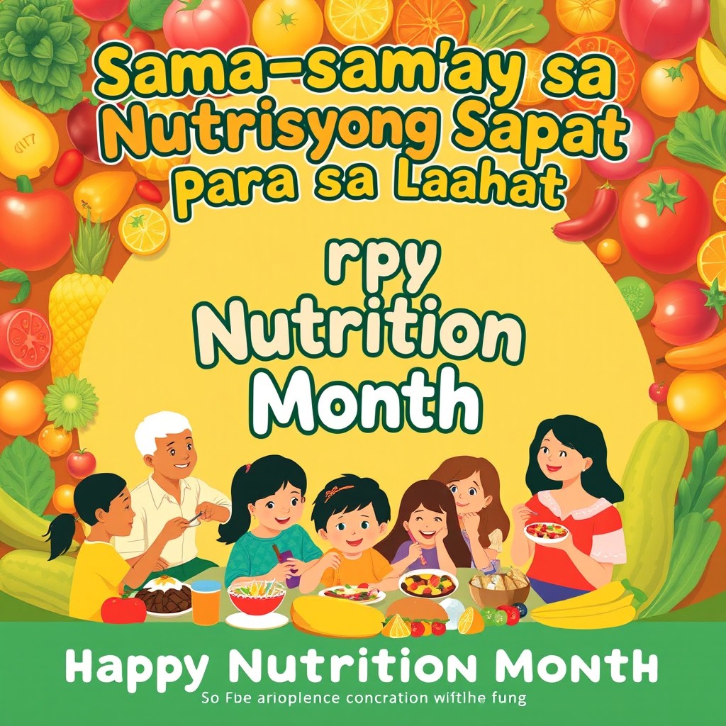 A vibrant and eye-catching poster for Nutrition Month, focusing on the theme "Sama-sama sa Nutrisyong Sapat Para sa Lahat"
