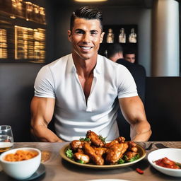 Cristiano Ronaldo, known as CR7, happily eating spicy chicken wings, his athletic body dressed in casual attire, set in a luxury dining environment.