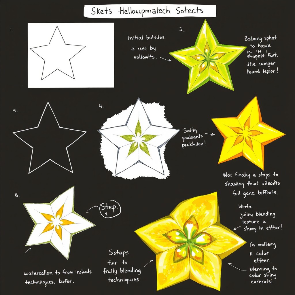 A detailed step-by-step idea development sketch emphasizing the star fruit, showcasing its unique star shape, vibrant yellow-green color, and textured skin