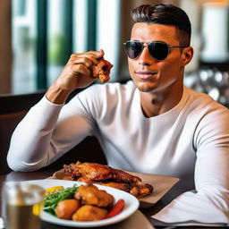 Cristiano Ronaldo, known as CR7, happily eating spicy chicken wings, his athletic body dressed in casual attire, set in a luxury dining environment.