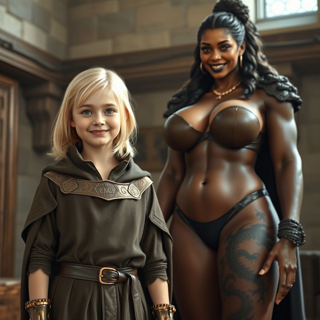 In a medieval room, a very happy, skinny 19-year-old blonde girl with medium-length hair, wearing a noble mantle with a high collar that goes up to her neck, adorned with a thick gold bracelet