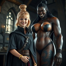 In a medieval room, a very happy, skinny 19-year-old blonde girl with medium-length hair, wearing a noble mantle with a high collar that goes up to her neck, adorned with a thick gold bracelet