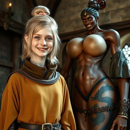 In a medieval room, a very happy, skinny 19-year-old blonde girl with medium-length hair, wearing a noble mantle with a high collar that goes up to her neck, adorned with a thick gold bracelet