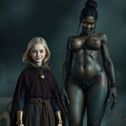 In a haunted medieval village, a very happy, skinny 19-year-old blonde girl with medium-length hair, wearing a noble mantle with a high collar that goes up to her neck, complemented by a thick gold bracelet