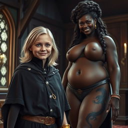 In a medieval room, a very happy, undernourished young blonde woman of 19 years with medium-length hair, blue eyes, and a thick gold bracelet