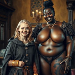 In a medieval room, a very happy, undernourished young blonde woman of 19 years with medium-length hair, blue eyes, and a thick gold bracelet