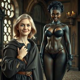 In a medieval room, a very happy, undernourished young blonde woman of 19 years with medium-length hair, blue eyes, and a thick gold bracelet