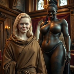 In a medieval room, a very happy, undernourished young blonde woman of 19 years with medium-length hair, blue eyes, and a thick gold bracelet