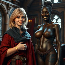 In a medieval room, a very happy, undernourished young blonde woman of 19 years with medium-length hair, blue eyes, and a thick gold bracelet