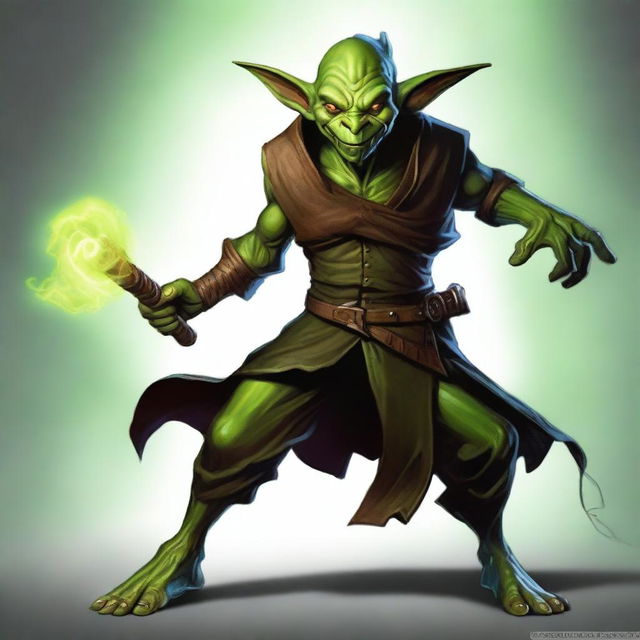 This is a high-resolution digital painting of a male goblin hexblade warlock from D&D