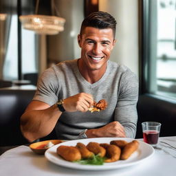 Cristiano Ronaldo, known as CR7, happily eating spicy chicken wings, his athletic body dressed in casual attire, set in a luxury dining environment.