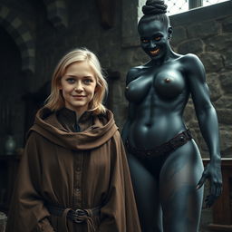 In a medieval room, a very happy, malnourished young blonde woman aged 19 stands alongside a monstrous evil black woman