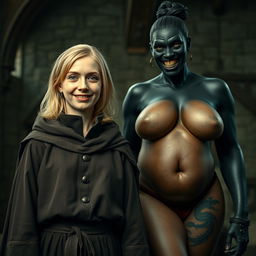 In a medieval room, a very happy, malnourished young blonde woman aged 19 stands alongside a monstrous evil black woman