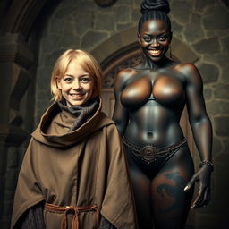 In a medieval room, a very happy, malnourished young blonde woman aged 19 stands alongside a monstrous evil black woman