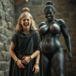 In a medieval room, a very happy, malnourished young blonde woman aged 19 stands energetically with her mouth wide open, desperate yet joyful, as if screaming in excitement