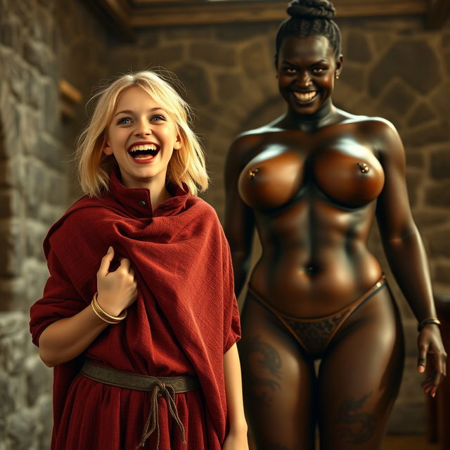 In a medieval room, a very happy, malnourished young blonde woman aged 19 stands energetically with her mouth wide open, desperate yet joyful, as if screaming in excitement