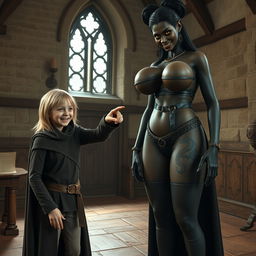 In a medieval room, a very happy emaciated young blonde woman, 19 years old, stands at a short height