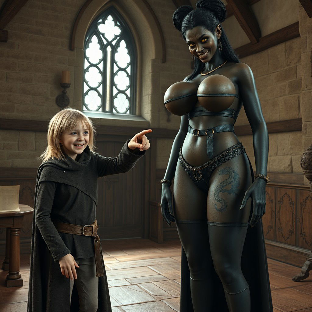In a medieval room, a very happy emaciated young blonde woman, 19 years old, stands at a short height
