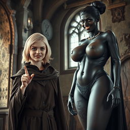 In a medieval room, a very happy emaciated young blonde woman, 19 years old, stands at a short height