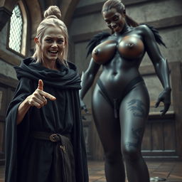 In a medieval room, a very happy emaciated young blonde woman, 19 years old, stands at a short height