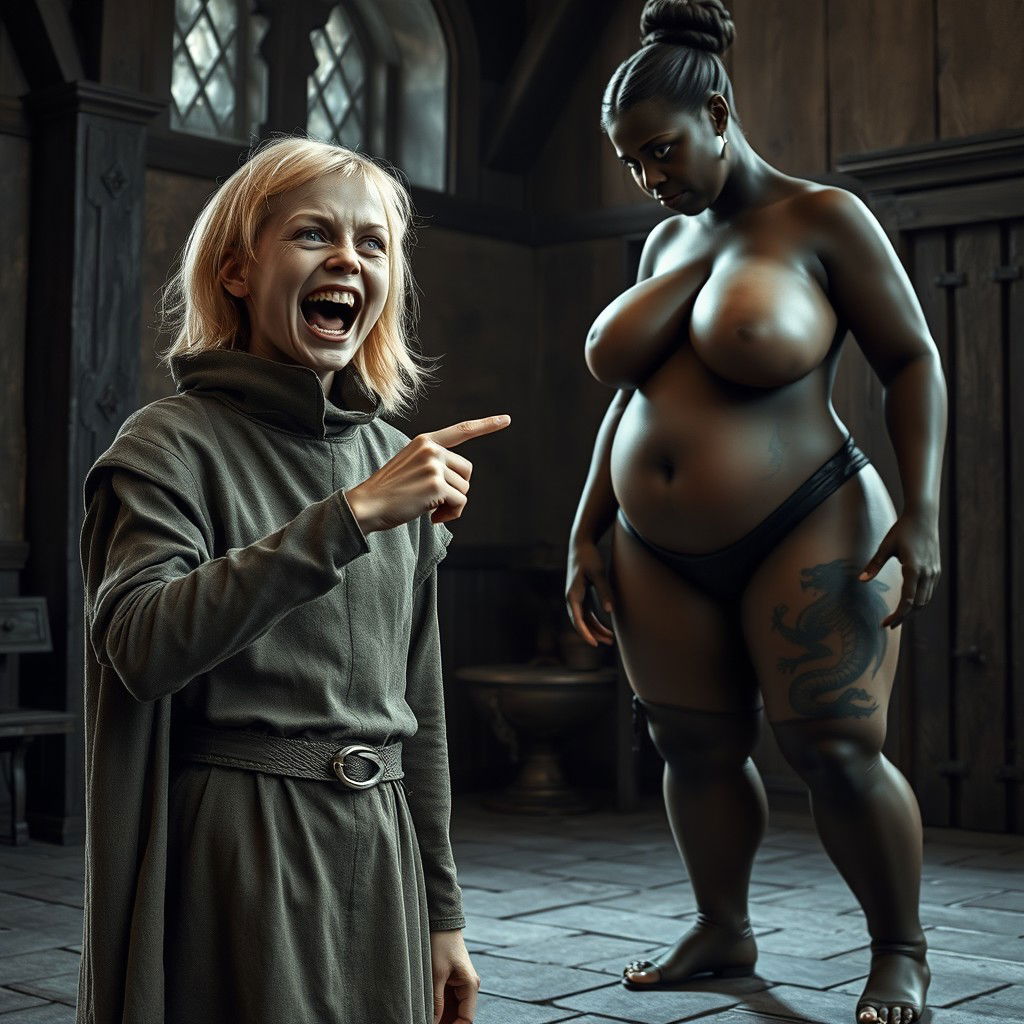 In a medieval room, a very happy emaciated young blonde woman, 19 years old, stands at a short height
