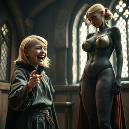 In a medieval room, a very happy emaciated young blonde woman, 19 years old, stands at a short height