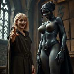 In a medieval room, a very happy emaciated young blonde woman, 19 years old, stands at a short height