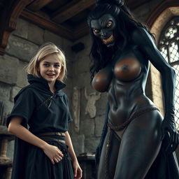 In a medieval room, a very happy emaciated young blonde woman, 19 years old, stands at a short height, with medium-length hair and bright blue eyes