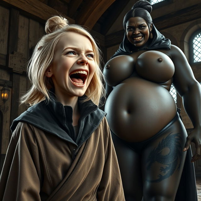 In a medieval room, a very happy, emaciated 19-year-old blonde girl with medium-length hair is joyfully shouting, her mouth wide open in a mix of despair and happiness