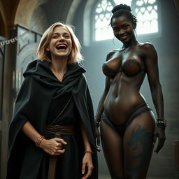 In a medieval room, a very happy, emaciated 19-year-old blonde girl with medium-length hair joyfully shouts, her mouth wide open in a mix of despair and happiness, with blue eyes sparkling