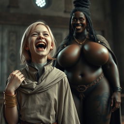 In a medieval room, a very happy, emaciated 19-year-old blonde girl with medium-length hair joyfully shouts, her mouth wide open in a mix of despair and happiness, with blue eyes sparkling