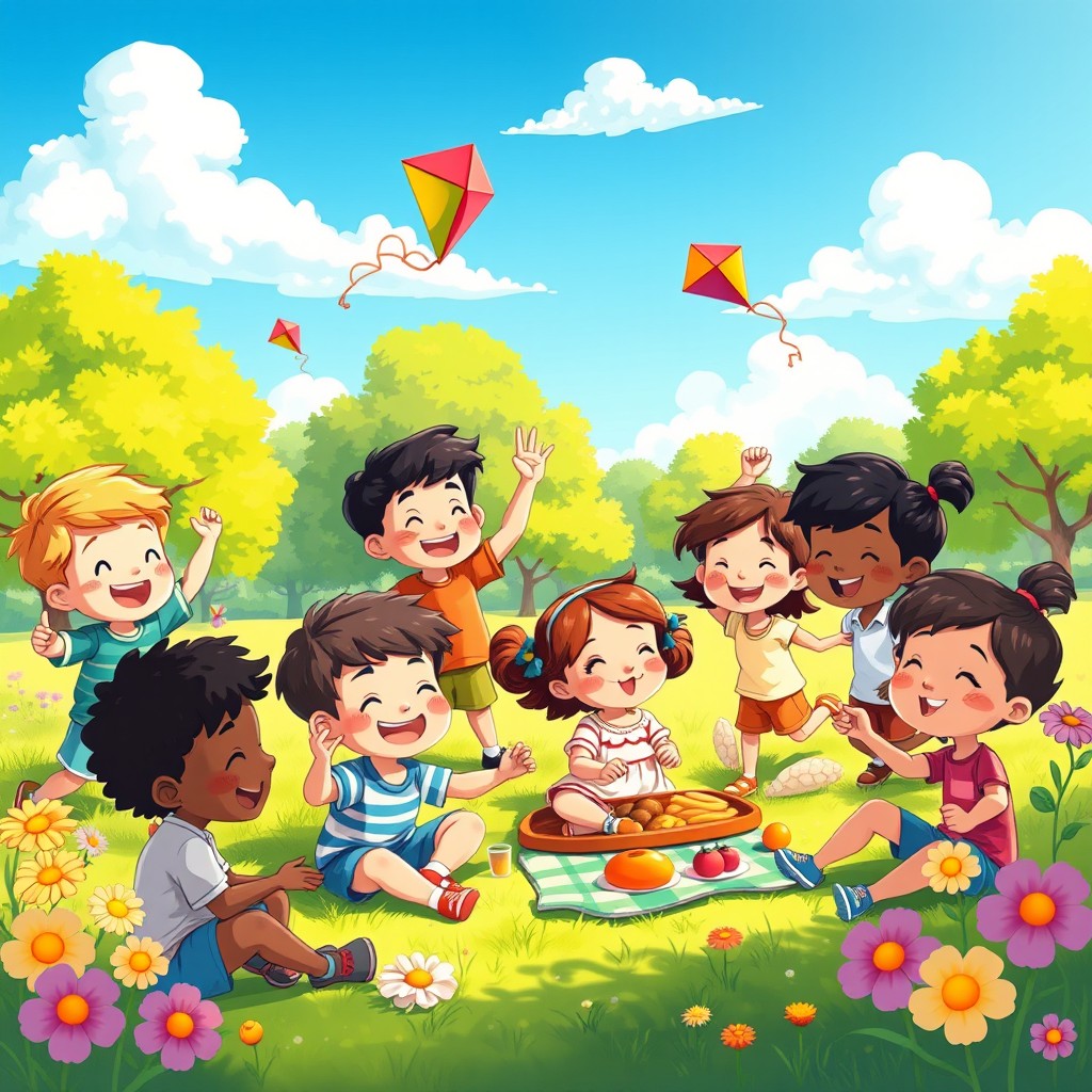 A vibrant animated scene of a cheerful group of cartoon children playing in a sunny park