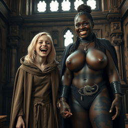 In a medieval room, a very happy, emaciated 19-year-old blonde girl with medium-length hair is joyfully shouting, her mouth wide open in a mix of despair and happiness