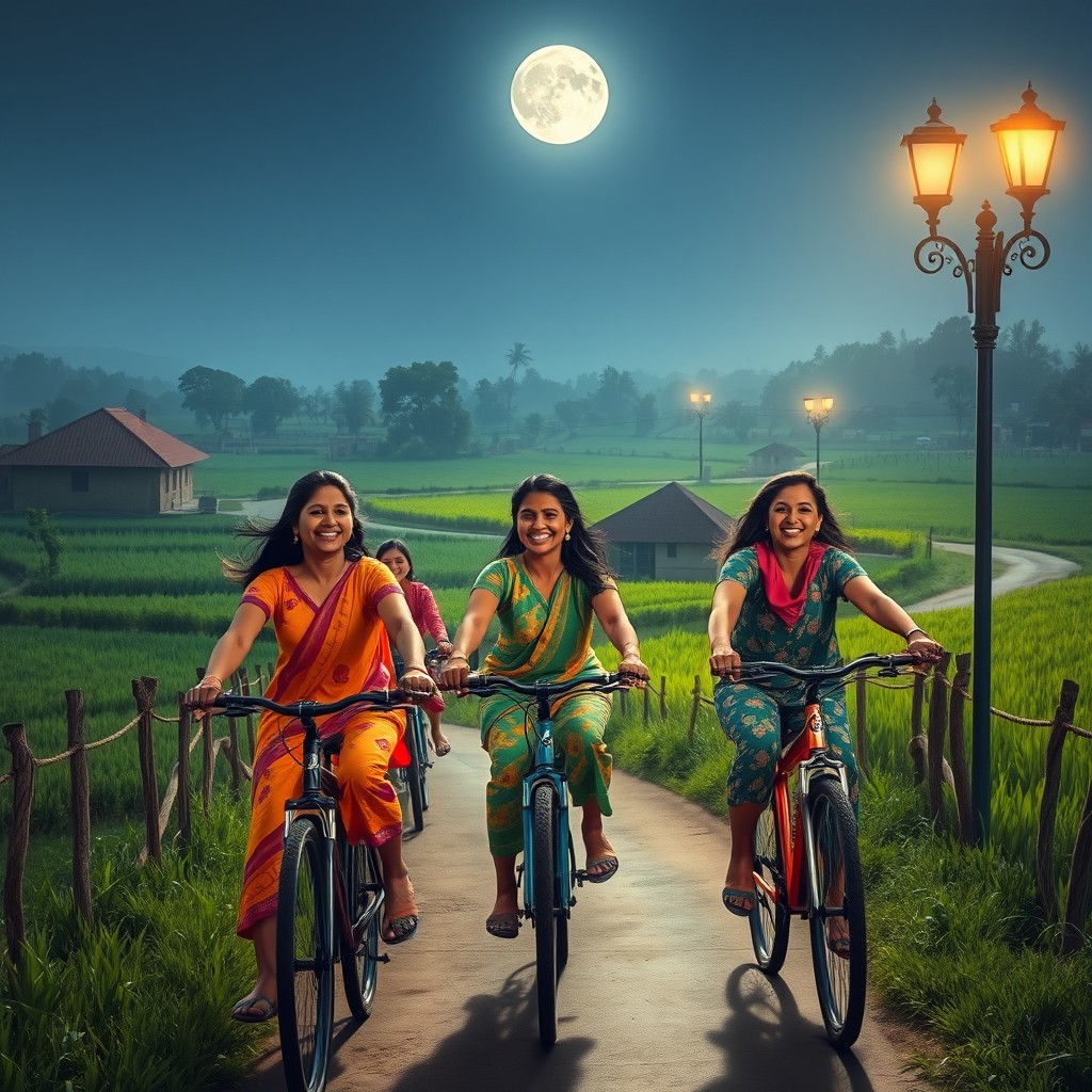 A vibrant scene depicting a group of Indian women aged around 25, joyfully cycling through a picturesque village at night