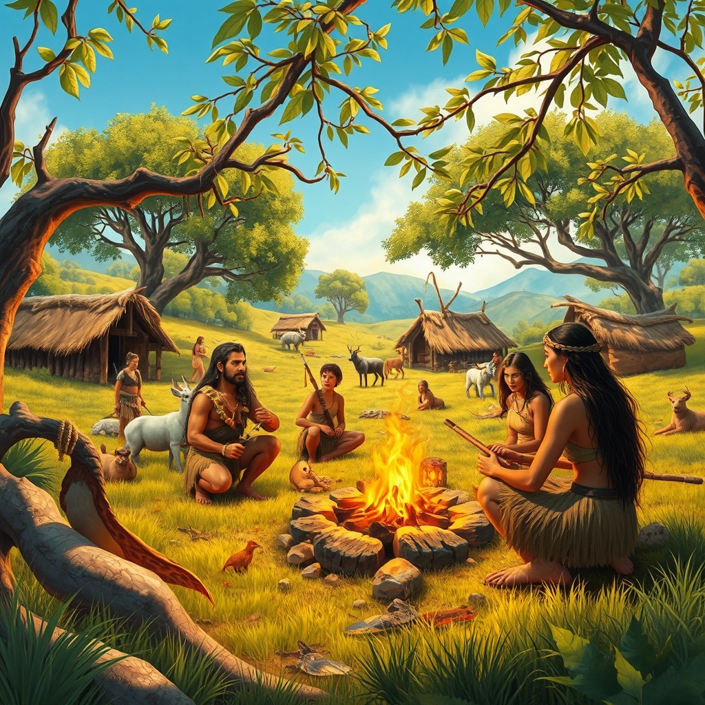 A vibrant depiction of prehistoric people in a lush, verdant landscape, showcasing a small community engaging in daily activities like foraging, crafting tools, and gathering around a fire