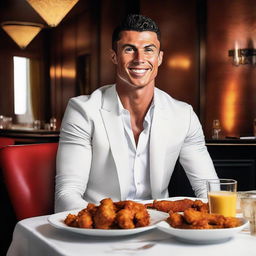 Cristiano Ronaldo, known as CR7, happily eating spicy chicken wings, his athletic body dressed in casual attire, set in a luxury dining environment.