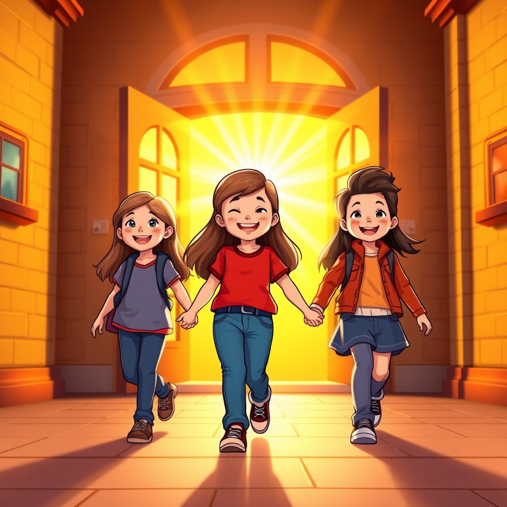 Three happy cartoon children walking hand-in-hand toward a glowing golden school gate