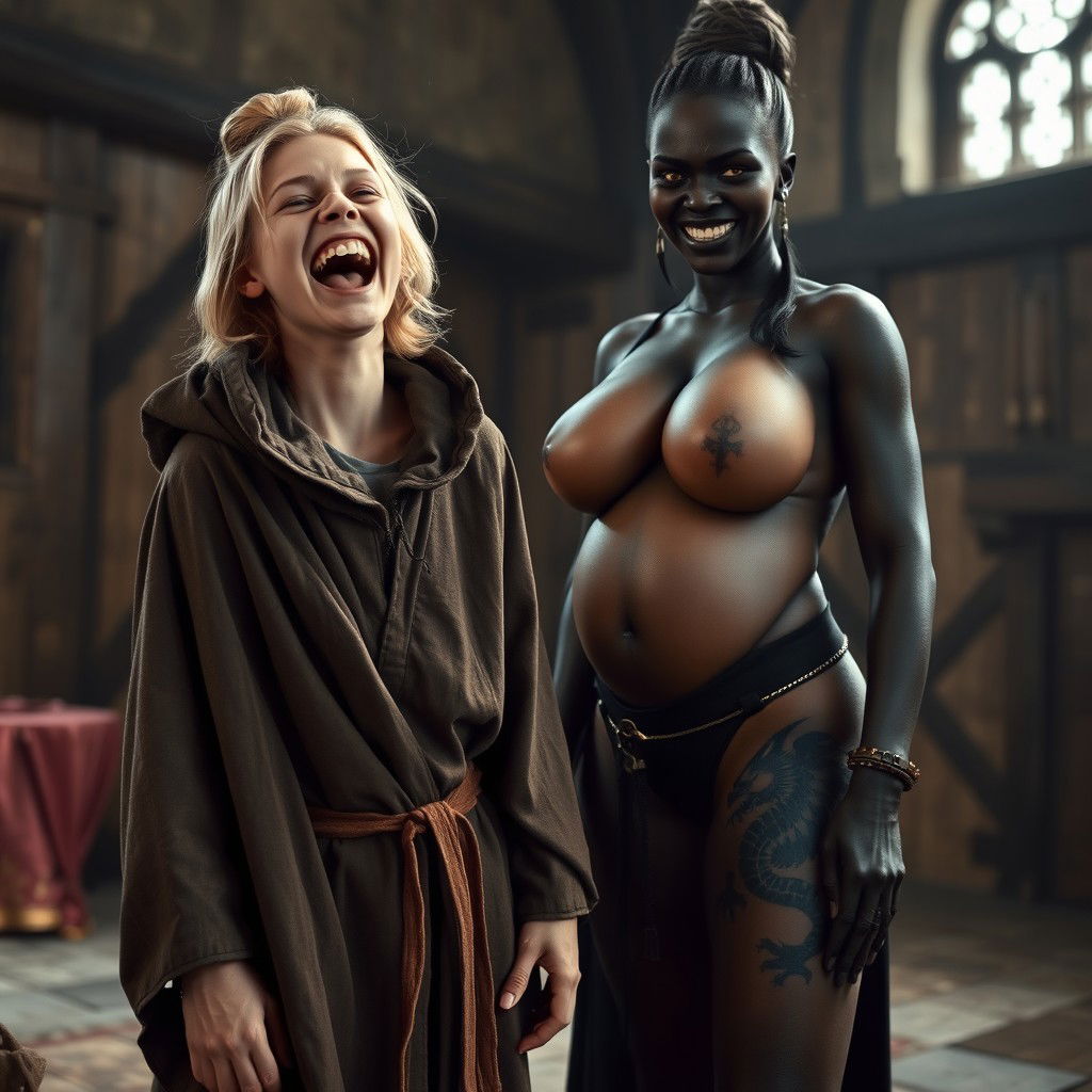 In a medieval room, a very happy, emaciated 19-year-old blonde girl with medium-length hair and blue eyes is joyfully screaming, her mouth wide open in a mix of desperation and happiness